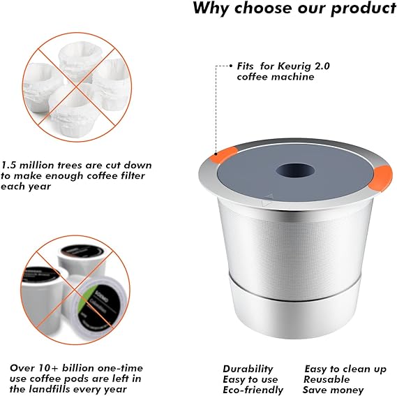 Noalto Reusable K Cups and Coffee Pods,Universal stainless steel k Cups for Keurig 2.0 and 1.0 Coffee Makers machine (2pack)