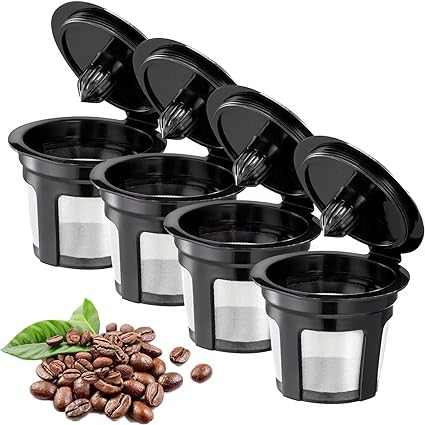 Tazas K reutilizables, paquete de 4 filtros de café reutilizables de ajuste universal con malla de acero inoxidable de grado alimenticio, cápsulas reutilizables de café ecológicas para cafeteras Keurig 1.0 y 2.0 (negro)